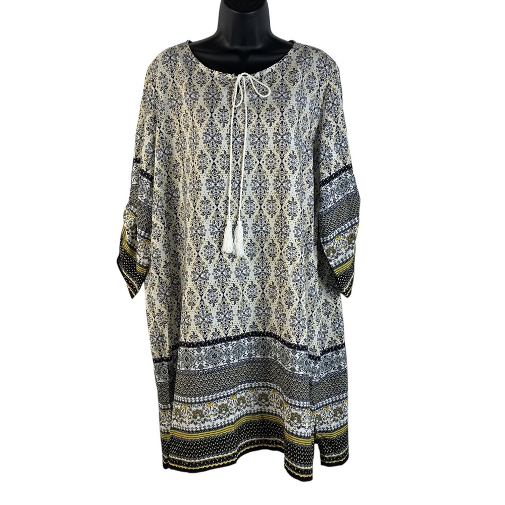 IT Dress Women's Size Lg Gray Black Floral 3/4 Sleeve Round Neck Tasseled Boho